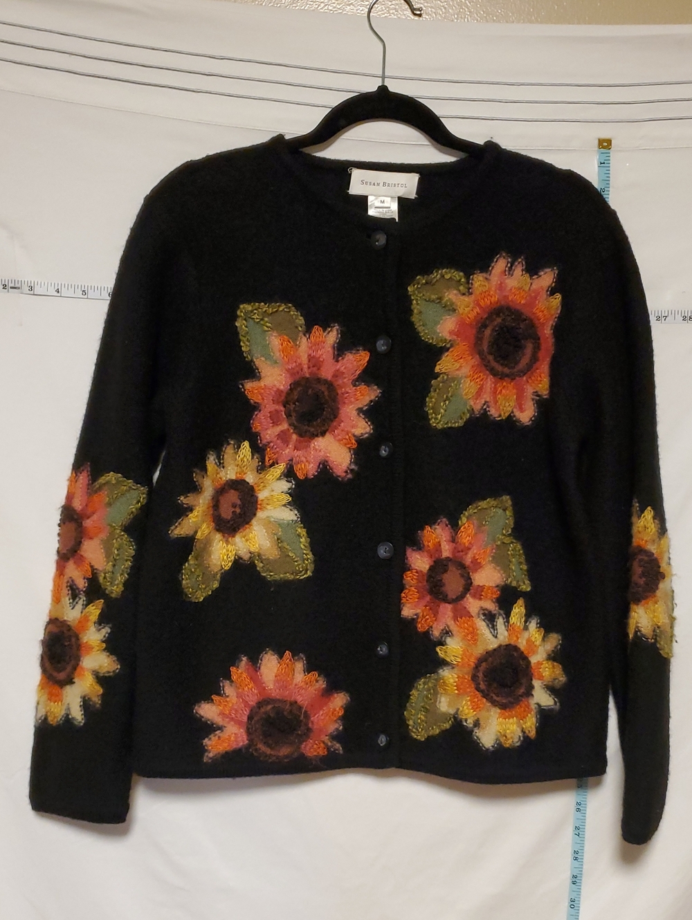 Susan Bristol Black Wool Cardigan with Orange Yellow Sunflower Appliqués Autumn